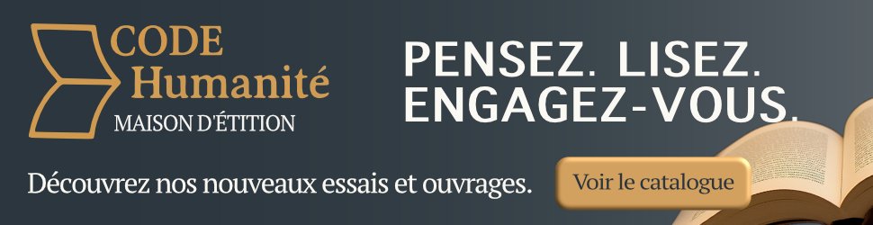 Bannière Code Humanité présentant le logo, le slogan “Pensez. Lisez. Engagez-vous.” et une image de livre ouvert