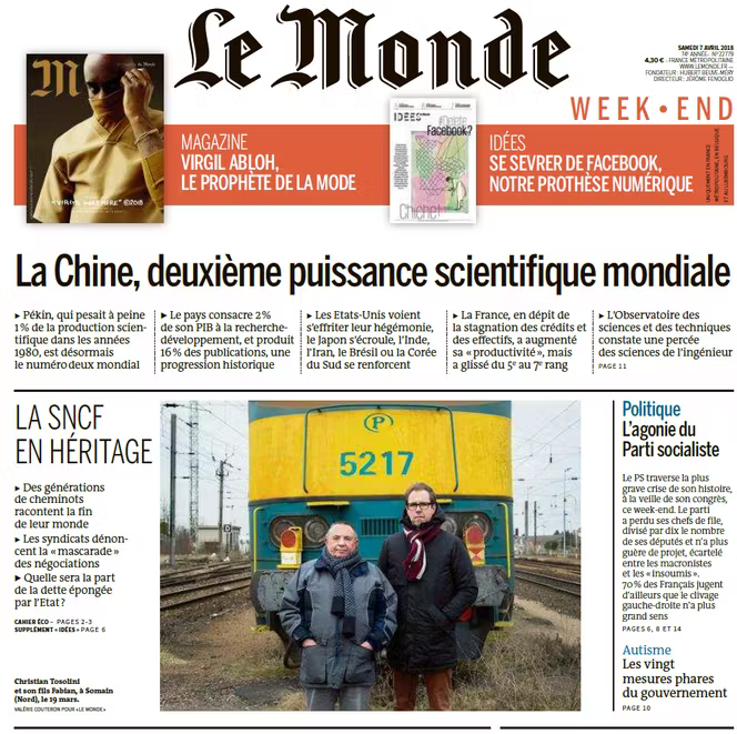La « Une » du Monde du samedi 7 avril 2018 dont la manchette annonce mon article sur le rapport de l’Observatoire des sciences et des techniques.