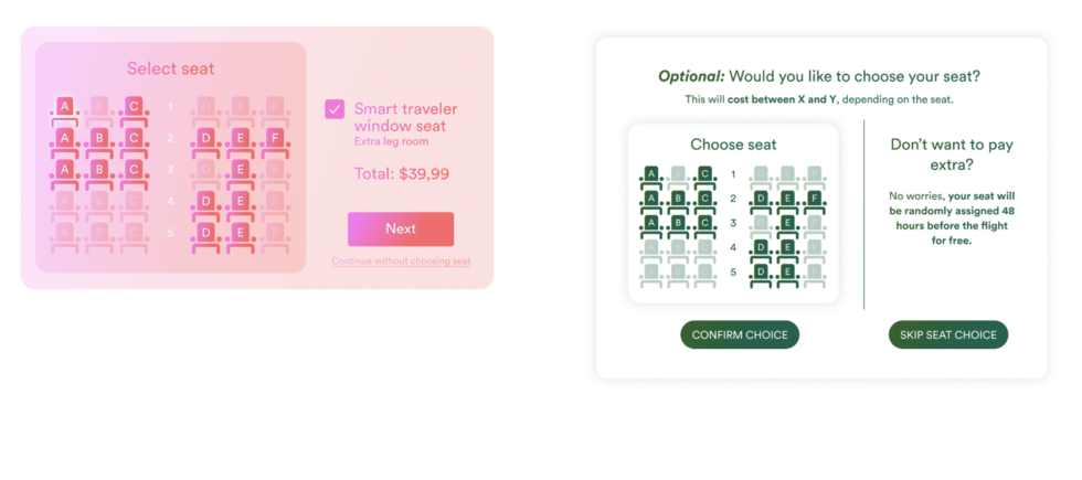 À gauche, un exemple d'interface trompeuse à gauche, qui incite à choisir un siège payant dans l'avion. À droite, un exemple d'interface éthique pour la même action