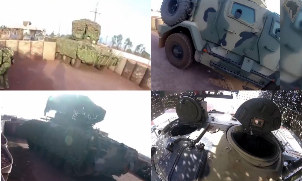 Des véhicules blindés russes MRAP Spartak, un véhicule blindé type WZ 551 chinois ainsi que des véhicules de combat d'infanterie russes BMP-2 et BMP-3 sont visibles sur ces images de mauvaise qualité.