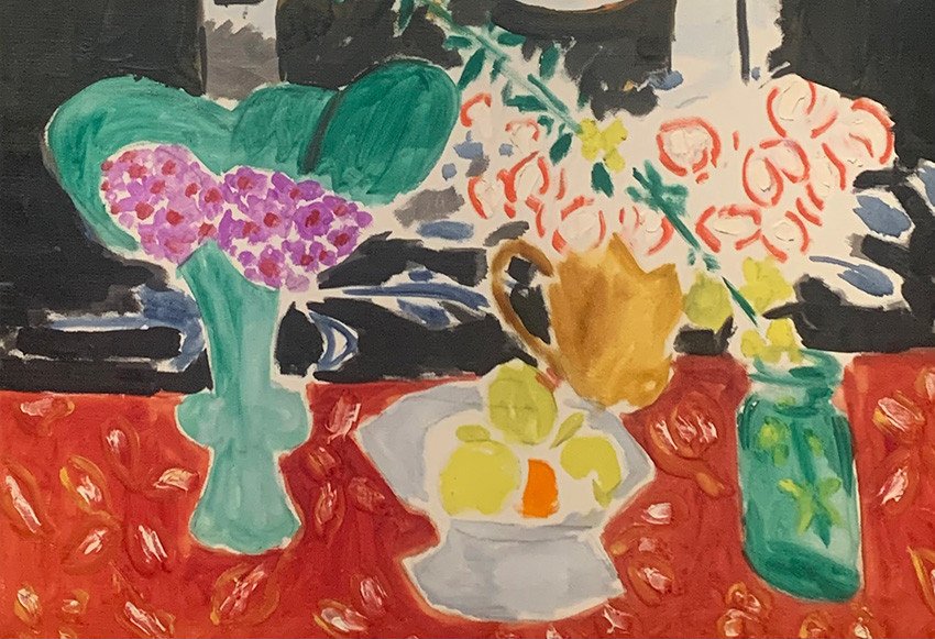 Détail de Roses de Noël et saxifrages (1944) d’Henri Matisse, présenté dans l’exposition « Matisse 1941-1954 », Grand Palais x Centre Pompidou, Paris, 2026. Photo : © Connaissance des Arts / Guy Boyer