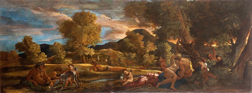 Nicolas Poussin, Paysage de Grottaferrata : Paysage au Dieu Fleuve / Vénus et Adonis , vers 1626, huile sur toile, 75 × 199 cm, Musée Fabre, Montpellier Méditerranée Métropole