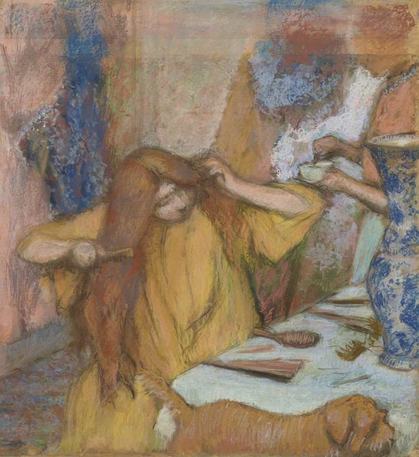 EDGAR DEGAS (1834-1917) Femme en peignoir jaune se coiffant, 1894 pastel on joined paper laid down on board, 109.8 x 100.3 cm. © Christies Images Limited 2026. Estimé : 1 800 000€ – 2 500 000€ Evening Sale : 15 avril 