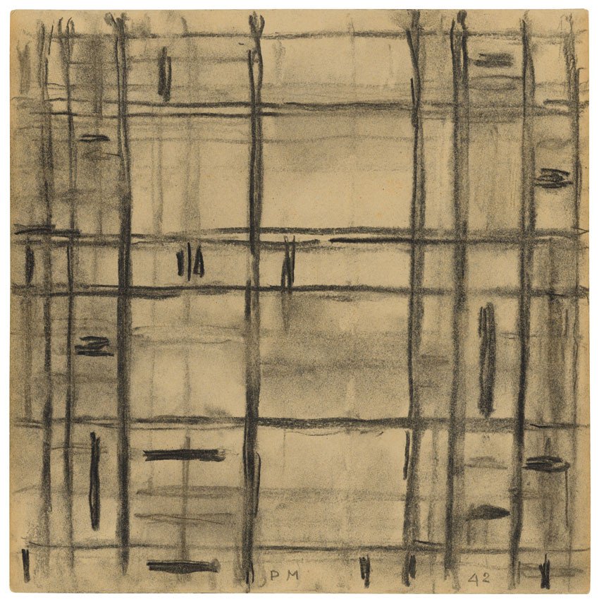 PIET MONDRIAN (1872-1944) Study I for Broadway Boogie Woogie (recto); Sketch for a Rectangle Composition with Color Indications (verso), fusain et estompe sur papier, 23,2 x 23,2 cm. Executed in 1942 © Christies Images Limited 