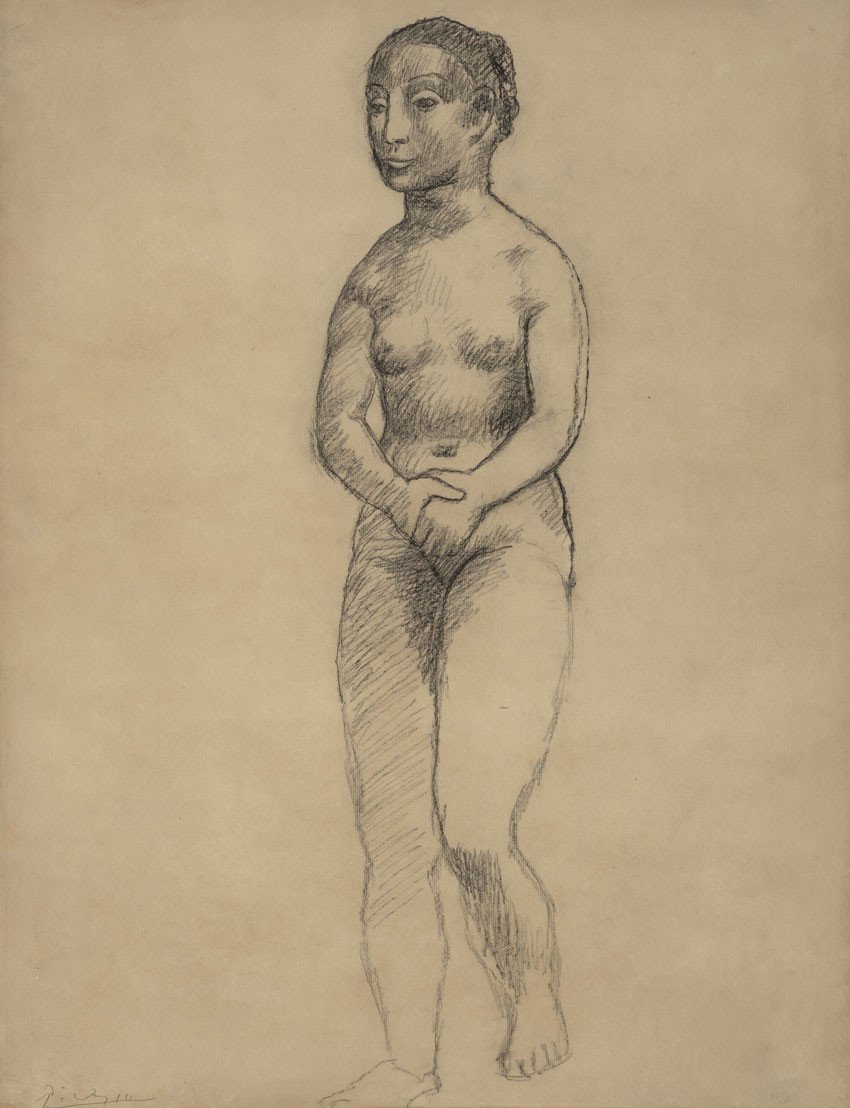 PABLO PICASSO (1881-1973)Femme nue debout aux mains croisées signed 'Picasso' (lower left) Conté crayon on paper 24⅛ x 18⅝ in. (61.2 x 47.3 cm.) Drawn in Gósol in 1906 €1,200,000-1,800,000 © Christies Images Limited.