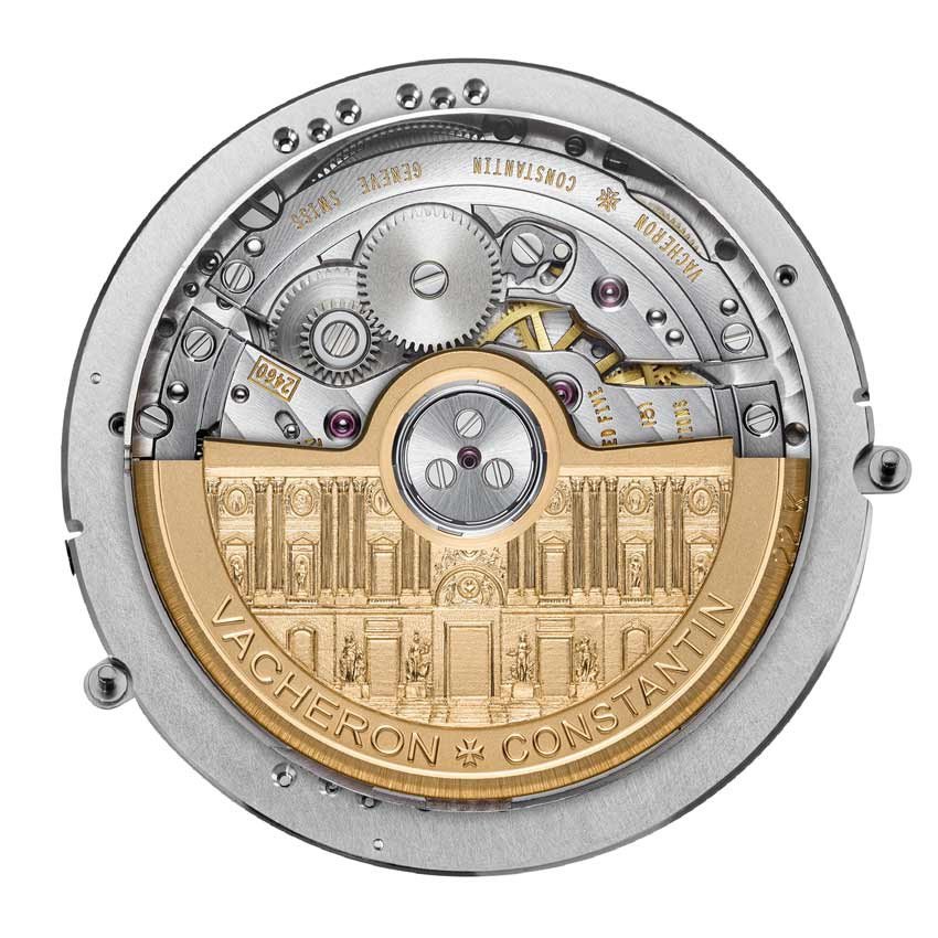 Envers du cadran avec la masse oscillante en or gravée d’après une lithographie du XVIIIe siècle représentant la façade Est du Louvre. © Vacheron Constantin 