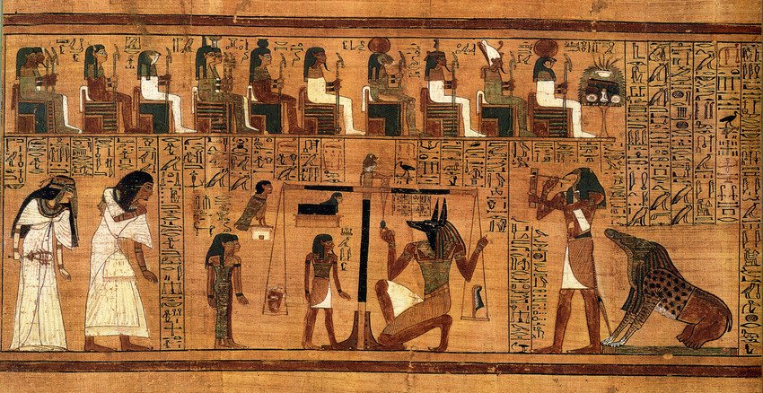 La "pesée du coeur", du Livre des Morts de Ani (British Museum, vers 1300 av.J.C., photo 2001). À gauche Ani et son épouse Tutu s'inclinent devant l'assemblée des dieux. Au centre Anubis pèse le coeur d'Ani à l'aune de la plume de Maât. 
