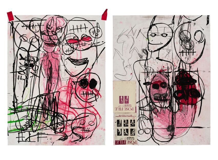 Paul McCarthy, <i>SS EE, Pose File, Diptych, D1 #2 and 1</i>, 2025, crayon, pastel, feutre acrylique, poupée de chiffon et collage sur papier, chacun : 121.9 x 91.4 cm. Photo: Fredrik Nilsen