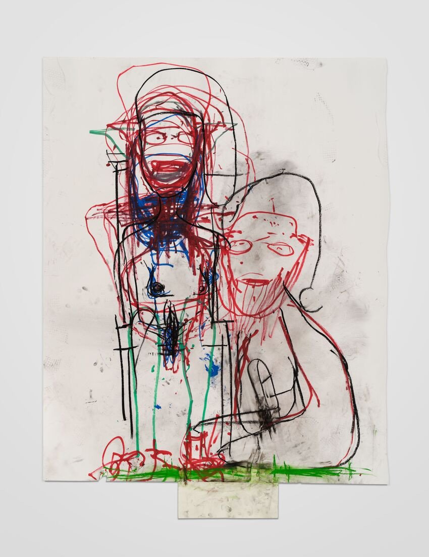 Paul McCarthy, SS EE, D8 #4-8, 2025, fusain, pastel, feutre acrylique et colle sur papier, 199,4 x 147,3 cm. Photo: Fredrik Nilsen