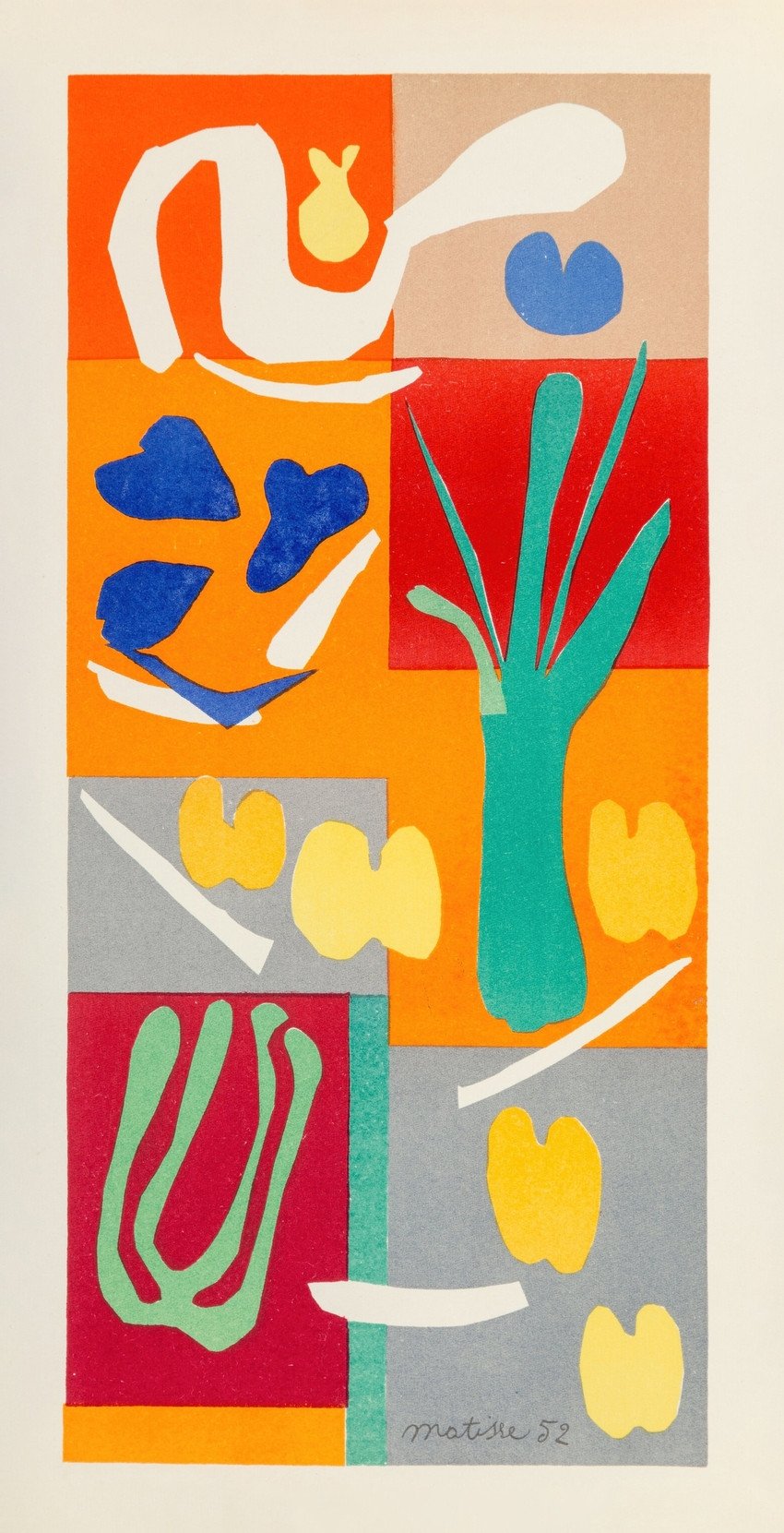 Exposition Matisse à Paris : « Le vrai chemin, c’est la synthèse entre la ligne et la couleur ». Le Grand Palais révèle le génie des dernières années du peintre 6 Henri Matisse, Les Légumes, 1951, papiers gouachés, découpés et collés sur papier, 175 x 81 cm, New York, Acquavella Galleries. © Artvee