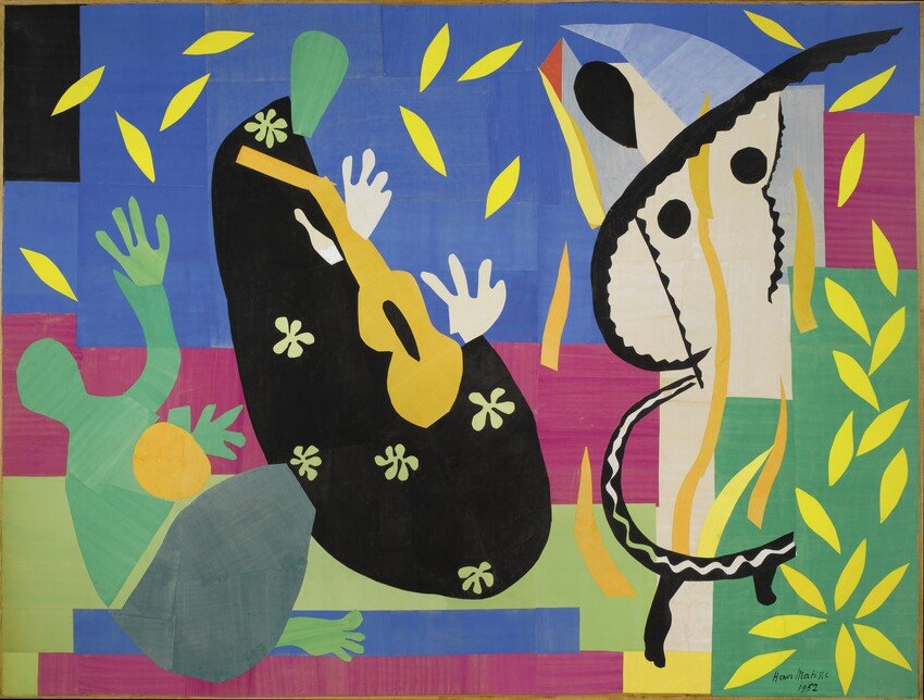 Exposition Matisse à Paris : « Le vrai chemin, c’est la synthèse entre la ligne et la couleur ». Le Grand Palais révèle le génie des dernières années du peintre 8 Henri Matisse, La Tristesse du roi, 1952, papiers gouachés, découpés et marouflés sur toile, 292 x 386 cm, Paris, Centre Pompidou/ MNAM. ©Presse GrandPalaisRMN.