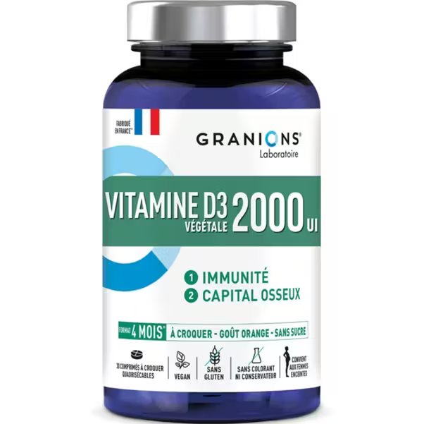 Flacon de vitamine D3 végétale 2000 UI pour immunité et capital osseux, Granions.