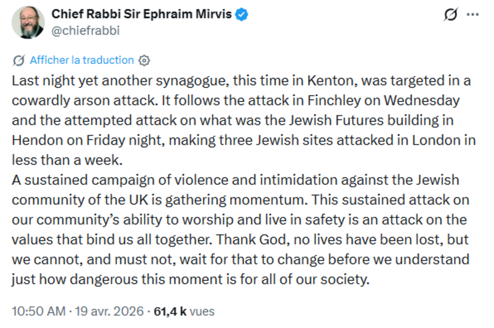Le grand rabbin Ephraim Mirvis condamne une série d'actes antisémites survenus à Londres en quelques jours, le 19 avril 2026.