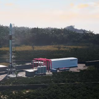 Vue d'artiste d'un lanceur Miura-5 de PLD Space sur son pas de tir du site Diamant du CSG. © PLD Space
