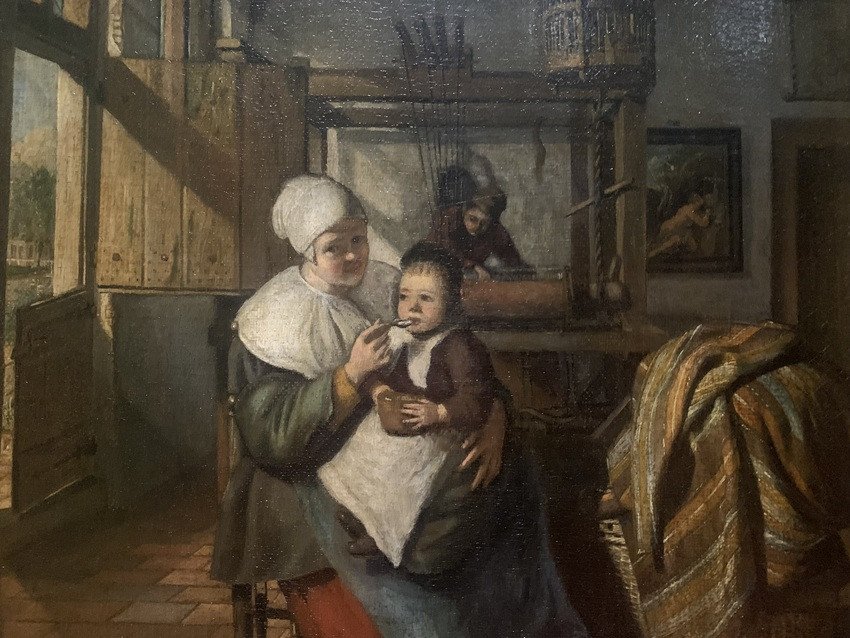 Isaac Koedijck, <i>L’Atelier du tisserand</i>, détail, 1662, présenté dans l’exposition « Trésors de laine et de soie », musée de l’Hospice Comtesse, Lille, 2026. ©Connaissance des Arts/Guy Boyer.