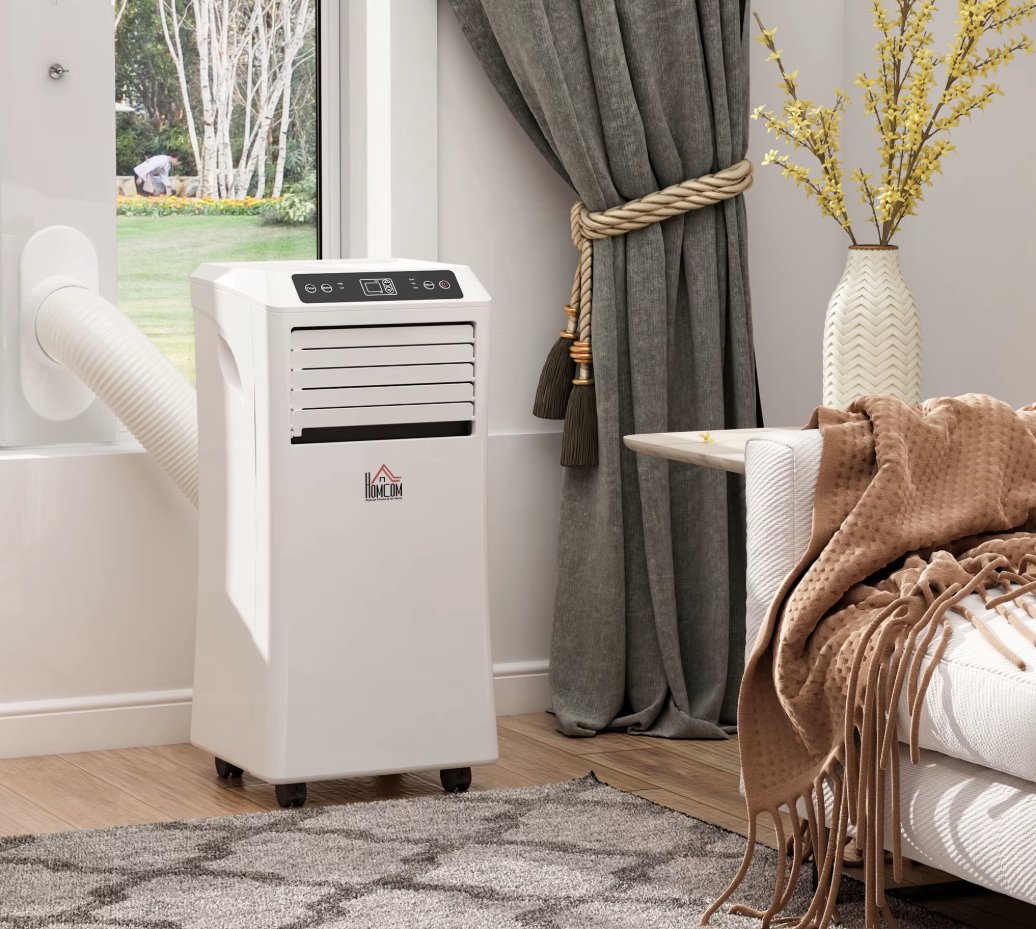 Ce climatiseur mobile HomCom 9 000 BTU à moins de 230 € : trois fonctions, télécommande et installation simple pour rafraîchir jusqu'à 28 m²