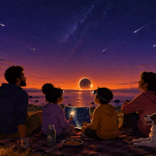 Pourquoi ne pas profiter de cet été pour vous mettre à l’astronomie ? Éclipse de Soleil, pluie d’étoiles filantes spectaculaire et bal des planètes : découvrez notre guide pas-à-pas pour ne rien manquer du plus grand spectacle de la saison, 100 % gratuit et accessible à toute la famille. © XD, ChatGPT