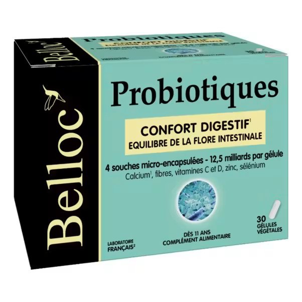 Boîte de compléments alimentaires probiotiques Belloc pour le confort digestif, 30 gélules végétales.
