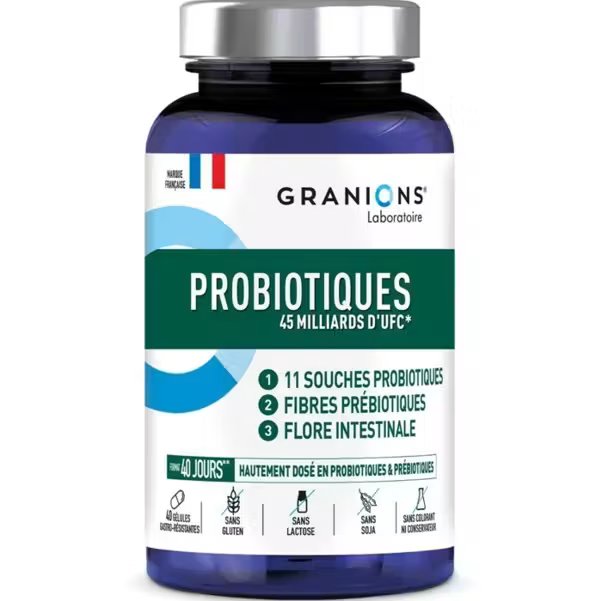 Complément alimentaire probiotique Granions, 45 milliards d'UFC, 11 souches et fibres prébiotiques.