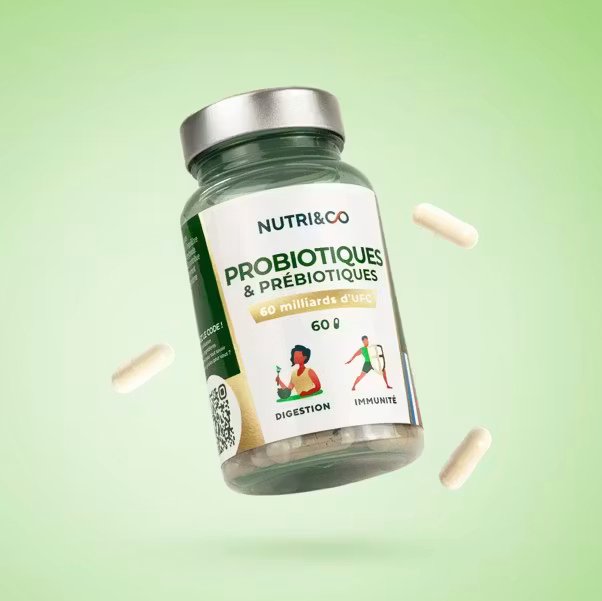 Complément alimentaire Nutri&Co : probiotiques et prébiotiques pour digestion et immunité, 60 g.