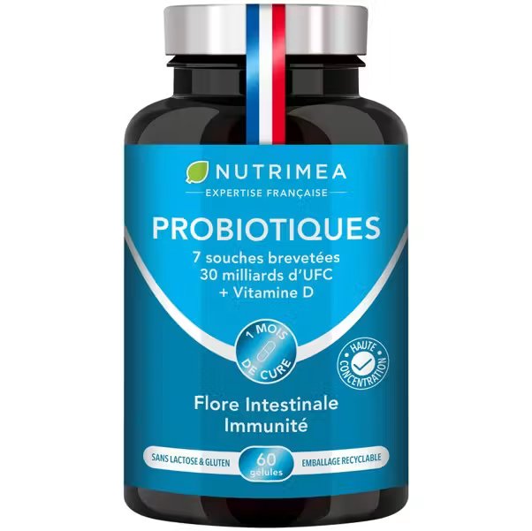 Complément alimentaire Nutrimea, probiotiques et vitamine D pour la flore intestinale, expertise française.