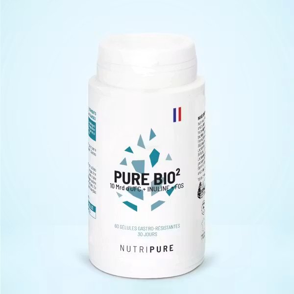 Flacon de compléments Pure Bio² avec drapeau français en arrière-plan bleu clair.