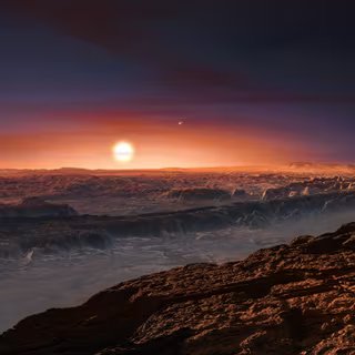 Cette représentation d’artiste montre une vue de la surface de la planète Proxima b en orbite autour de la naine rouge Proxima du Centaure, l’étoile la plus proche du Système solaire. Le système d’étoiles doubles Alpha Centauri AB figure dans l’angle supérieur droit de l’image. Proxima b est dotée d’une masse légèrement supérieure à celle de la Terre et décrit une orbite autour de Proxima Centauri, au sein même de la zone d’habitabilité de cette étoile, de sorte que sa température de surface est compatible avec la présence d’eau liquide. © M. Kornmesser, ESO