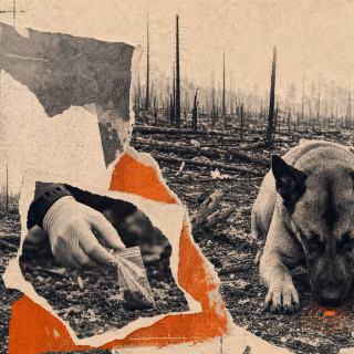 Dans les cendres, le chien détecteur guide les enquêteurs vers les traces invisibles laissées par le feu. Image générée à l'aide d'un outil IA. © Xavier Demeersman, ChatGPT