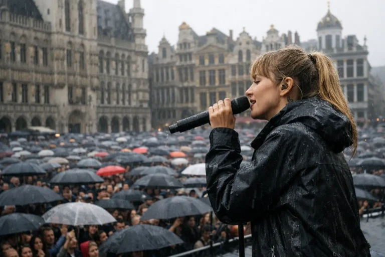 Angèle attire des milliers de fans sur la Grand-Place de Bruxelles malgré la pluie
